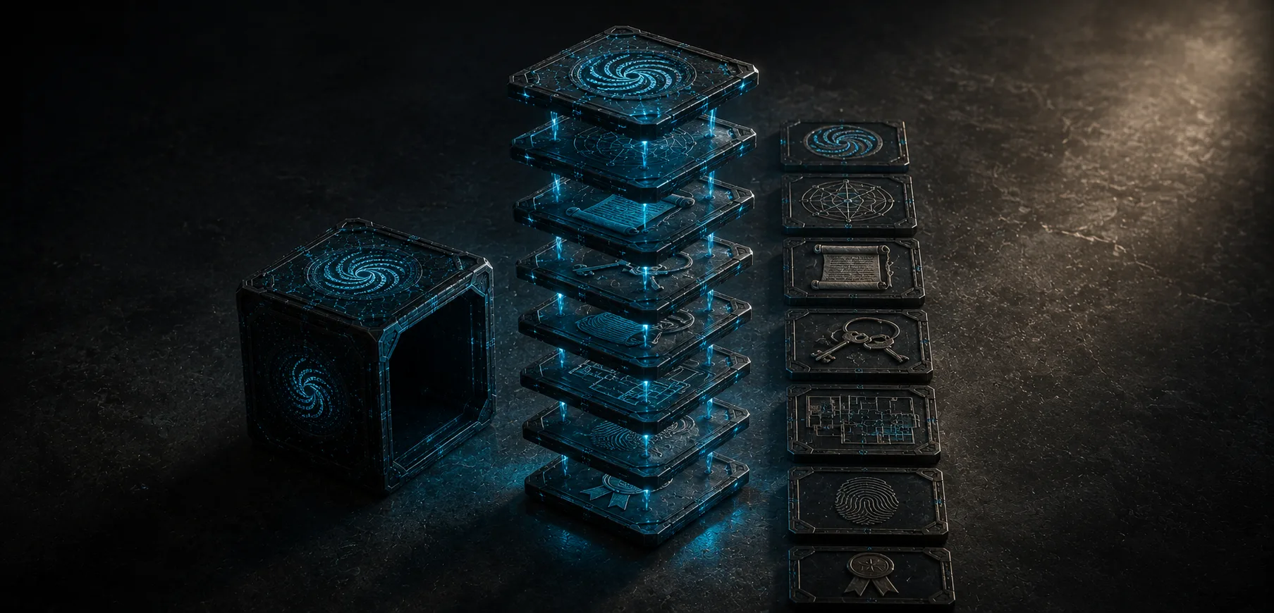A Spinner cube exploded into its constituent strata, each plate etched with a different motif.