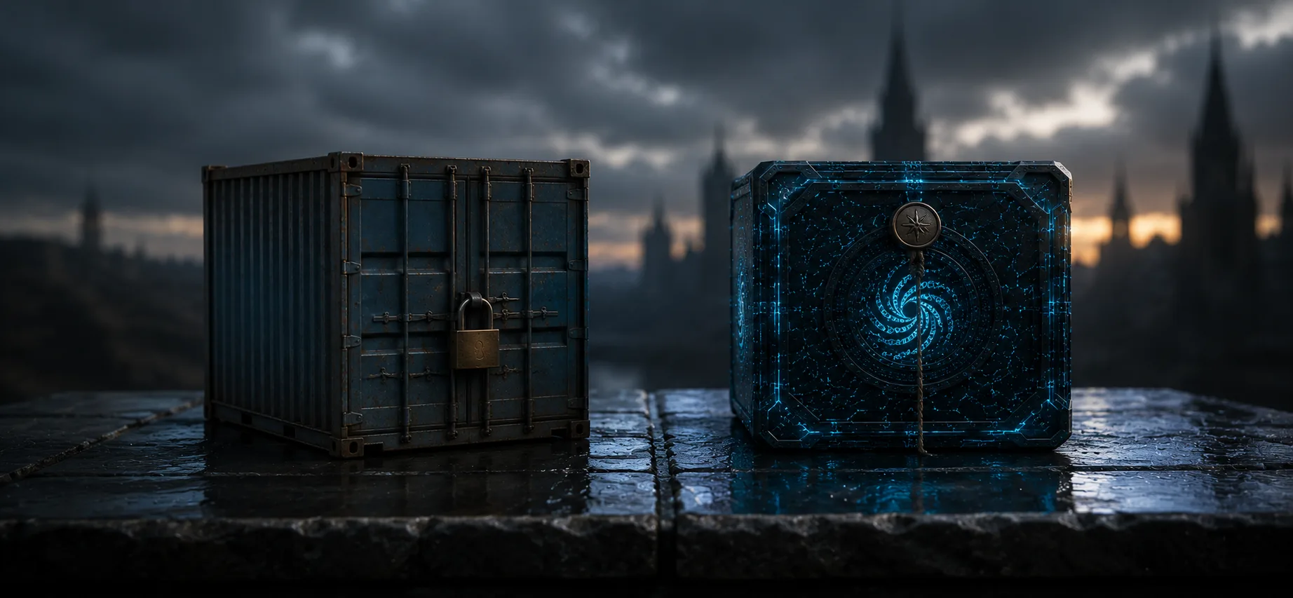 A battered shipping container in miniature beside an obsidian Spinner cube of identical footprint, both on wet flagstone.