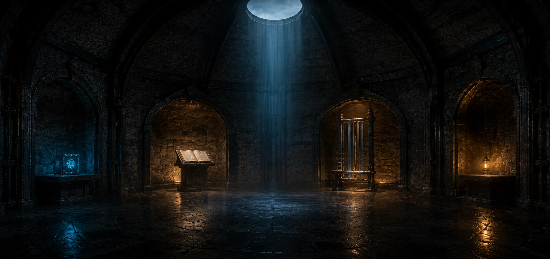 A circular stone chamber — the Cell — with alcoves holding the Spinner cube, an open codex, a standing loom strung with gold and cyan threads, and a single small lantern.