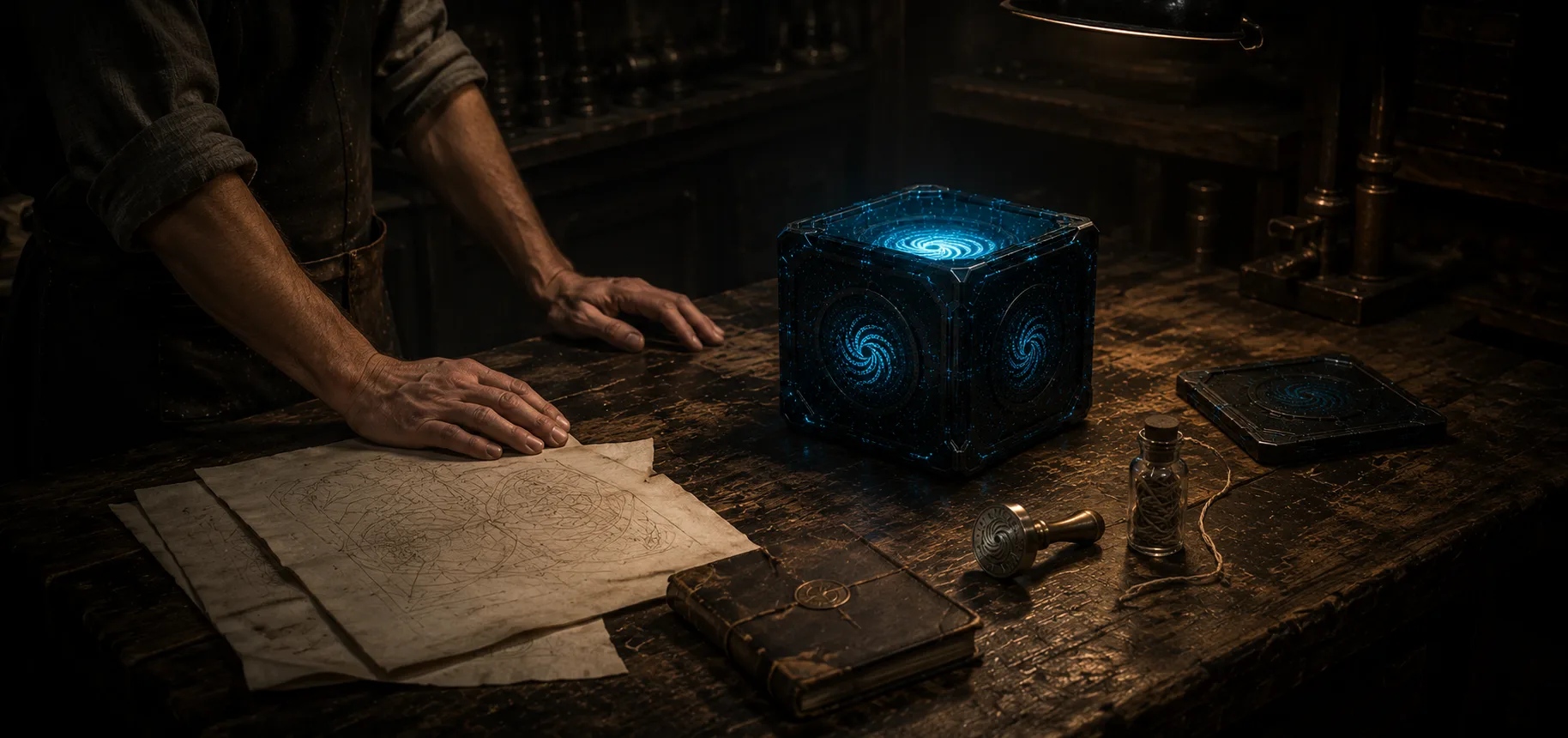 A workshop bench under a single hooded lamp, a half-assembled Spinner cube with its cyan core exposed beside vellum manifest and a brass spiral-sigil stamp.