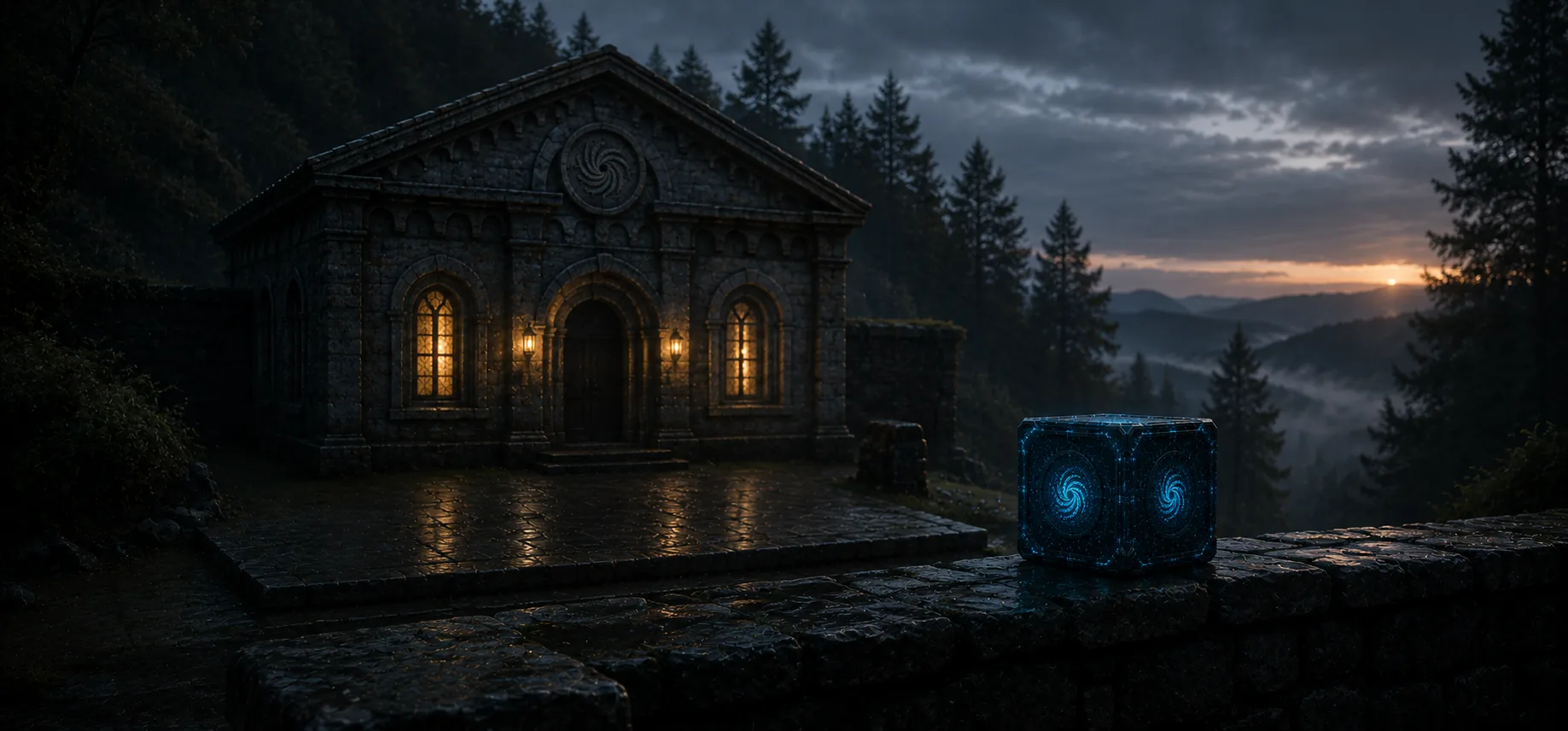 A modest stone chapter-house at blue hour, the spiral sigil carved into a stone roundel above the entrance, the Spinner cube placed on a low wall outside.