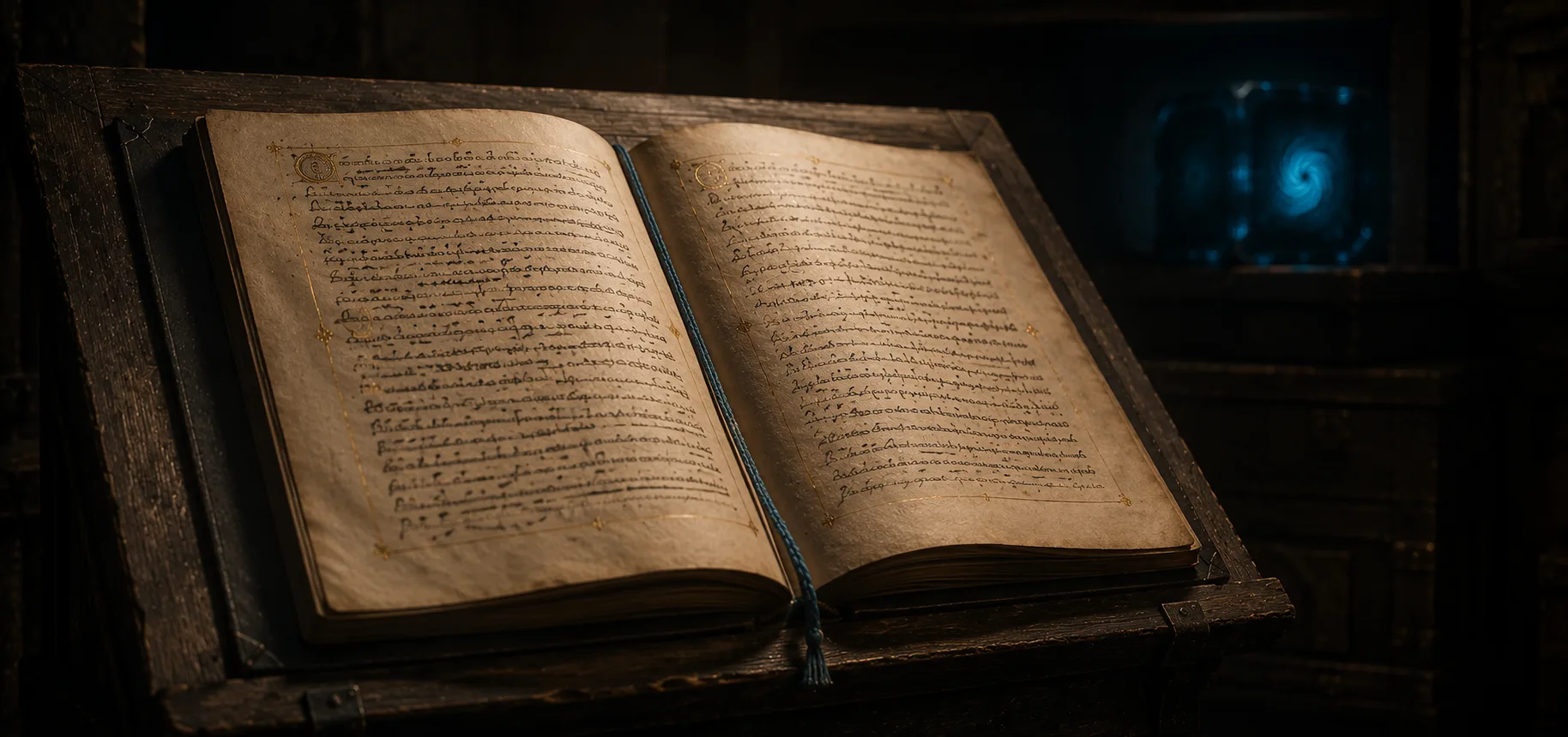 An open vellum codex on a dark wood reading stand, iron-gall ink with gold-leaf small-caps section headings, a fine cyan thread bookmark across the gutter.