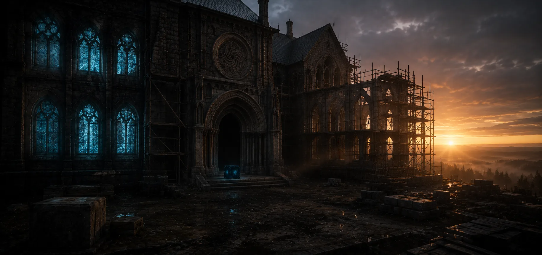 A half-built cathedral on a hill at twilight, one wing finished and cyan-lit, one wing roofed but unglazed, one wing only scaffolding against the amber horizon.