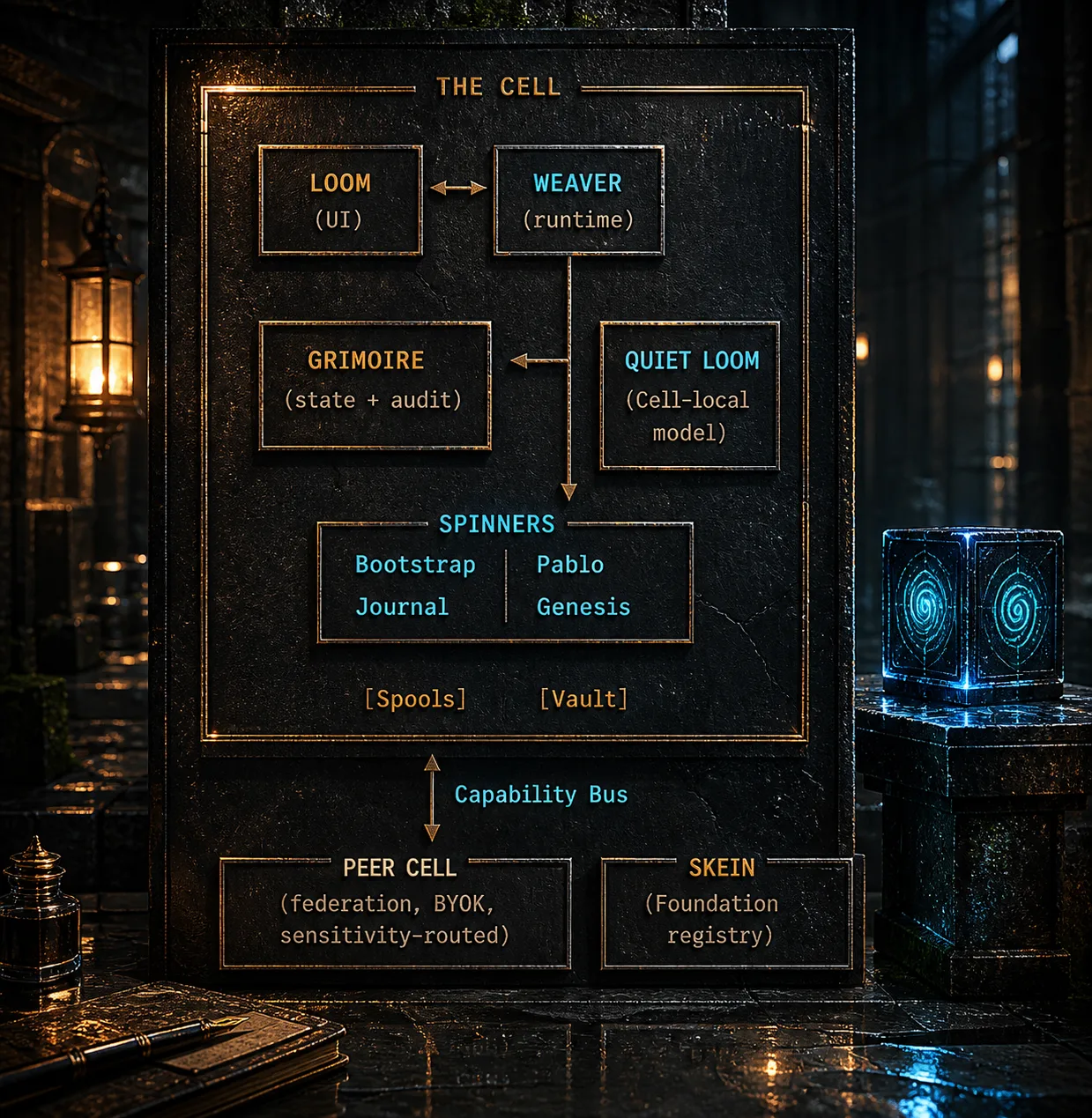 The Cell at a glance — a manuscript-grade rendering on a dark stone tablet. The Cell boundary contains the Loom (UI) and Weaver (runtime); the Grimoire (state + audit) and the Quiet Loom (Cell-local model); the Spinners (Bootstrap, Pablo, Journal, Genesis); and the Spools and Vault. Outside the Cell, an arrow labelled Capability Bus connects to a Peer Cell (federation, BYOK, sensitivity-routed) and to the Skein (Foundation registry). A glowing Spinner cube sits on a plinth beside the tablet; an oil lantern hangs in the workshop behind.